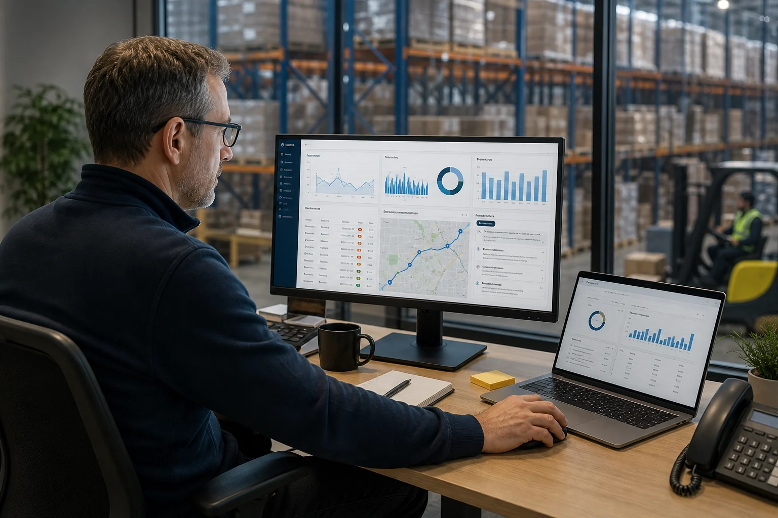 Logistics operations manager reviewing warehouse performance, shipment exceptions, and route optimization dashboards