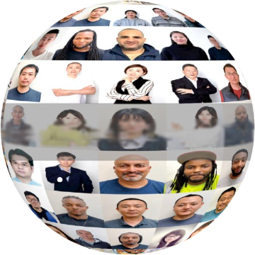 LC Worldwide team members gathered on a globe